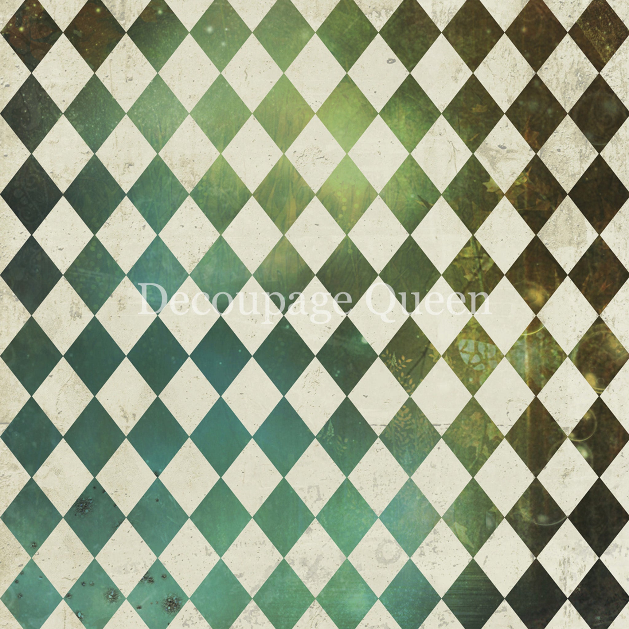 Close-up of a rice paper that features a green patina reflection harlequin print. 