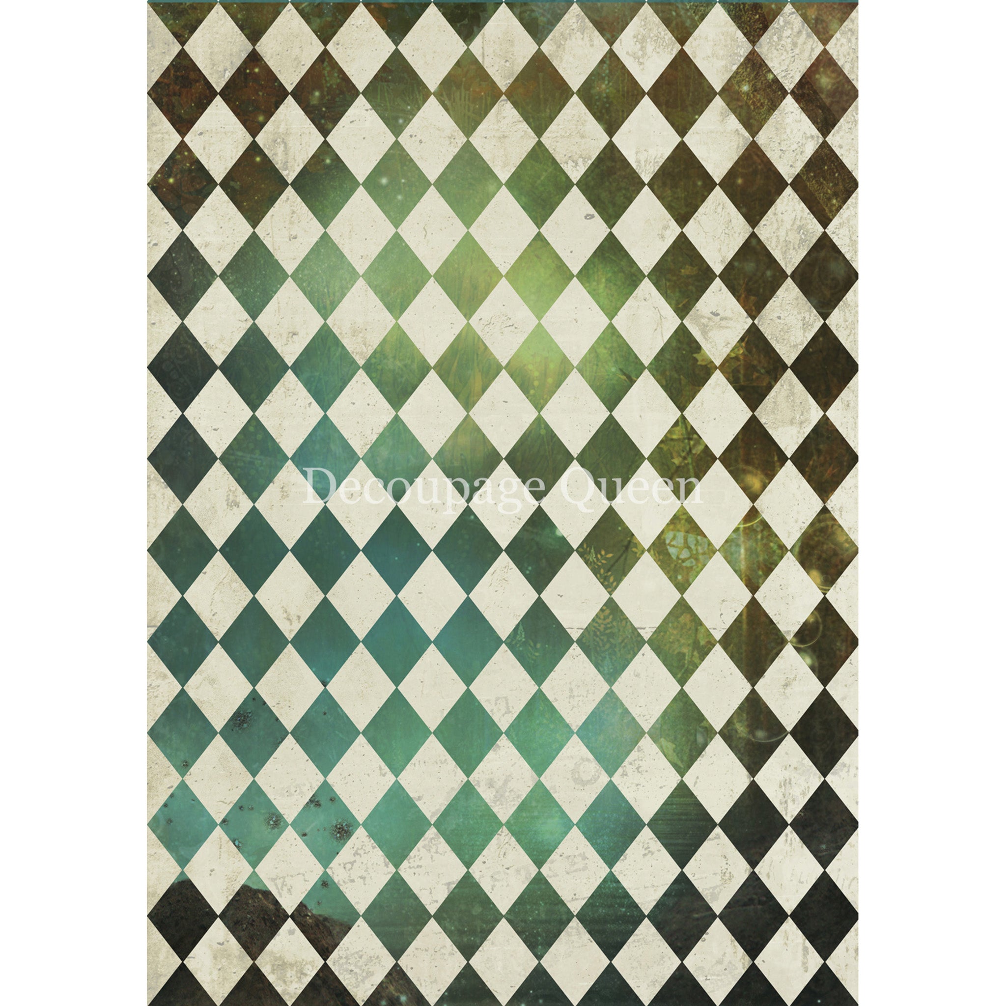Rice paper that features a green patina reflection harlequin print. White borders are on the sides.