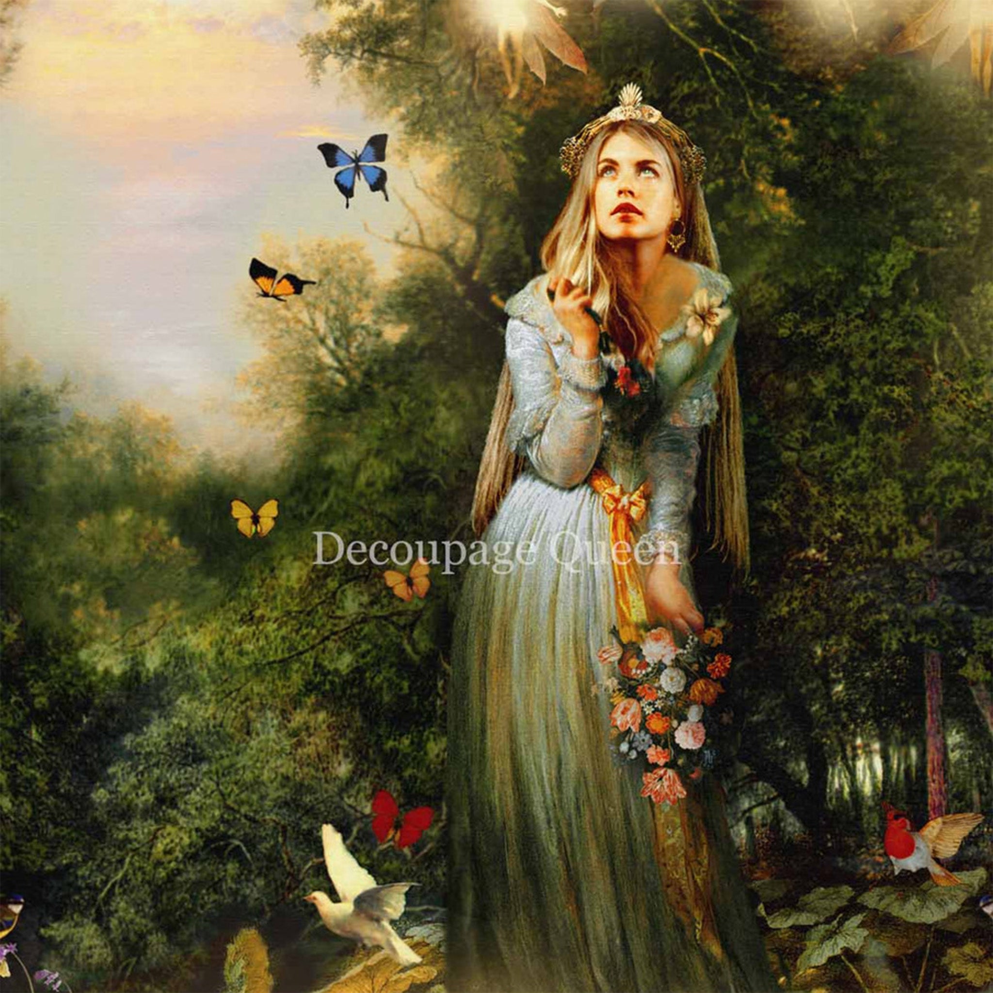 Close-up of a rice paper featuring a woman in a green dress standing in a lush forest with fluttering butterflies. 