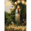 Rice paper featuring a woman in a green dress standing in a lush forest with fluttering butterflies. 