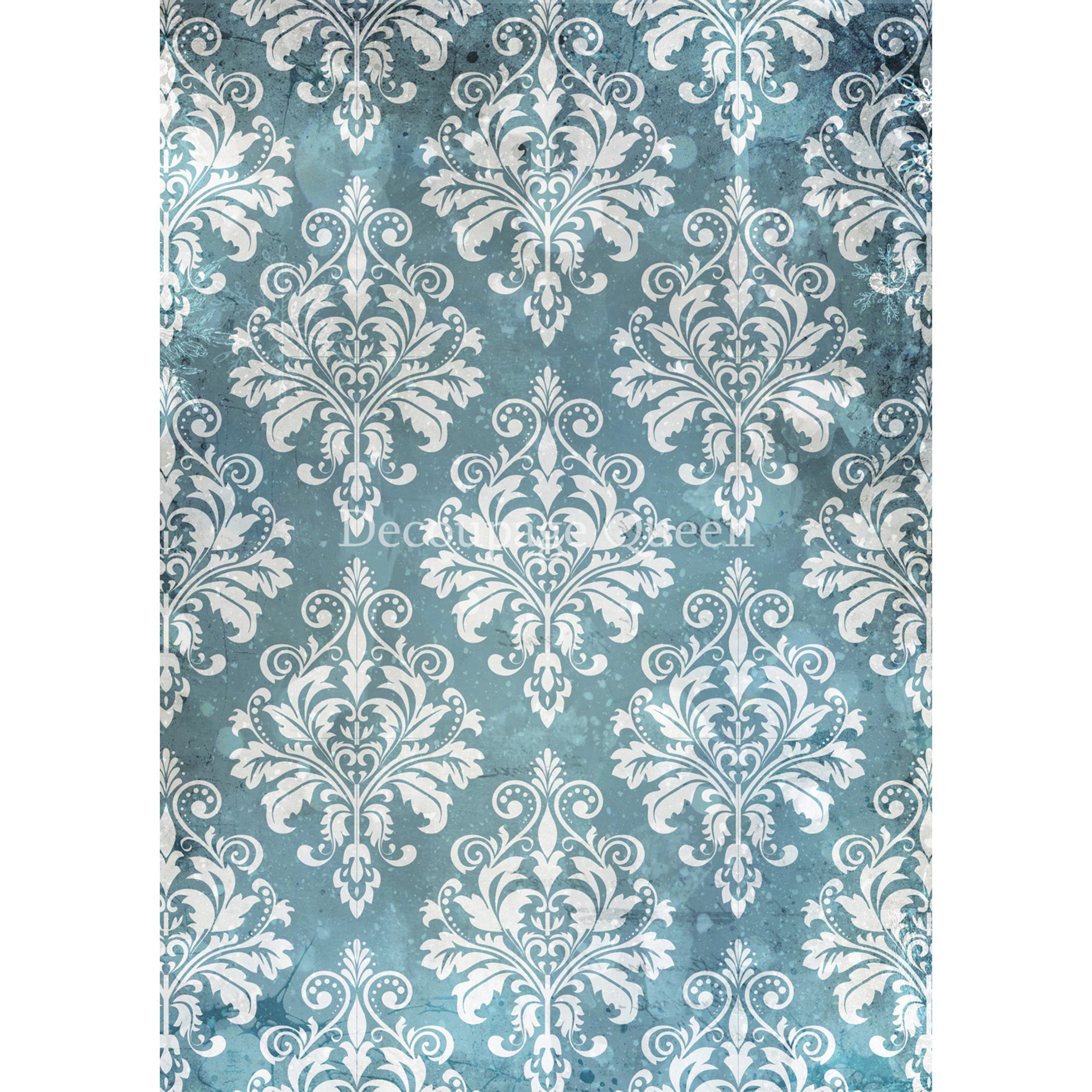 Rice paper design that features a soft white flourish damask pattern against a wintery blue background. White borders are on the sides.