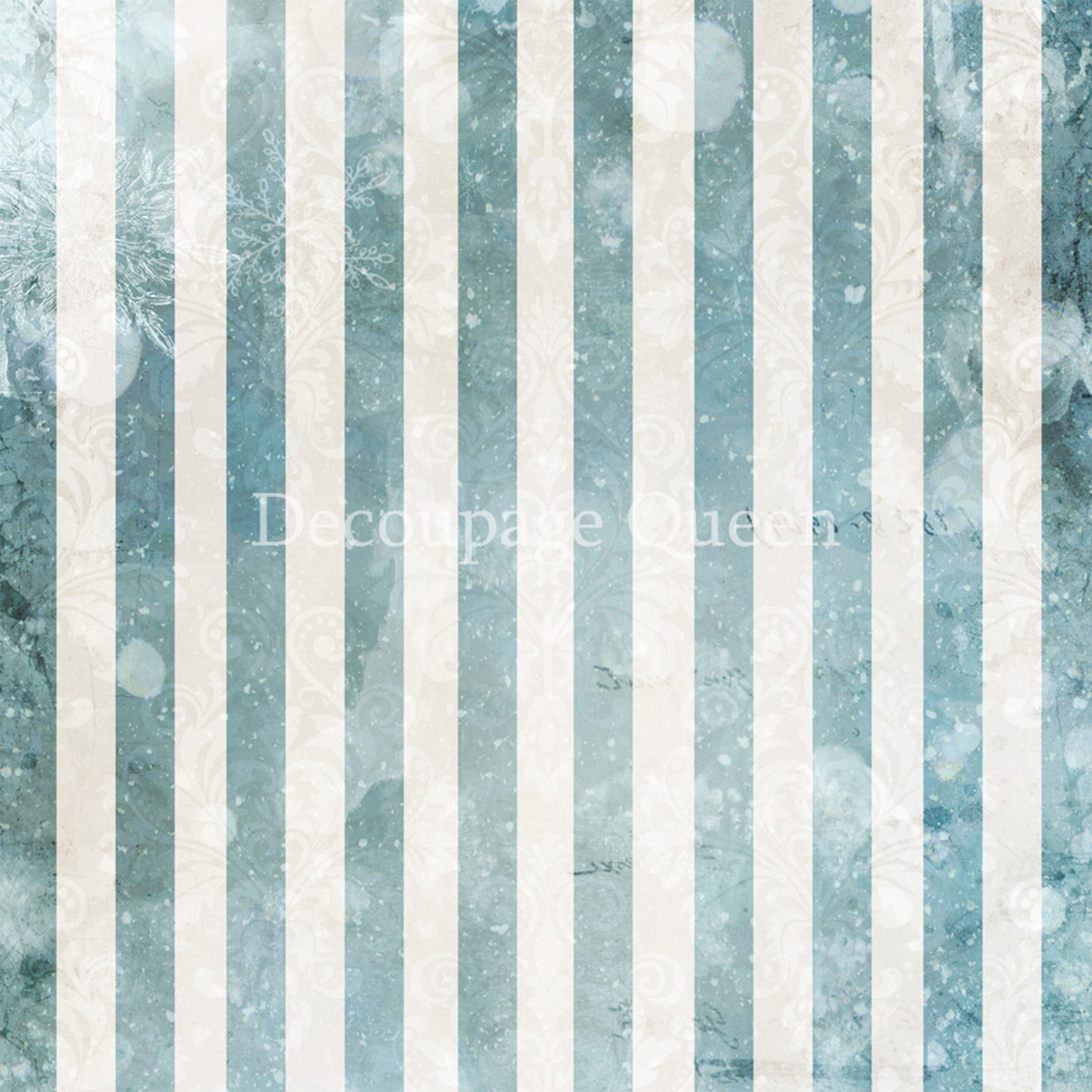 Close-up of a rice paper design that features soft white stripes against a wintery blue background.