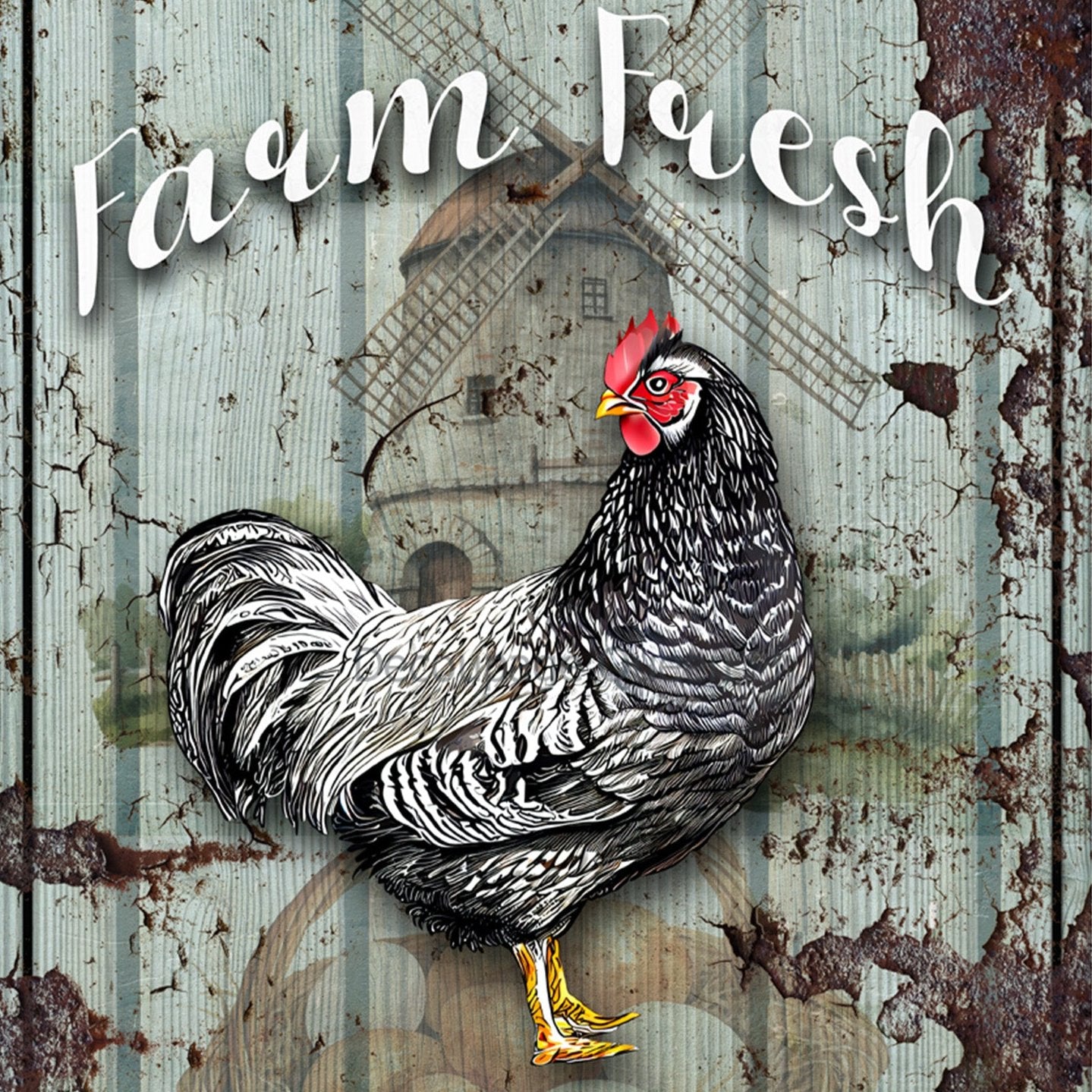 Close-up of a rice paper design of a rustic sign featuring a mill, chicken, and eggs with the words Farm Fresh Eggs.