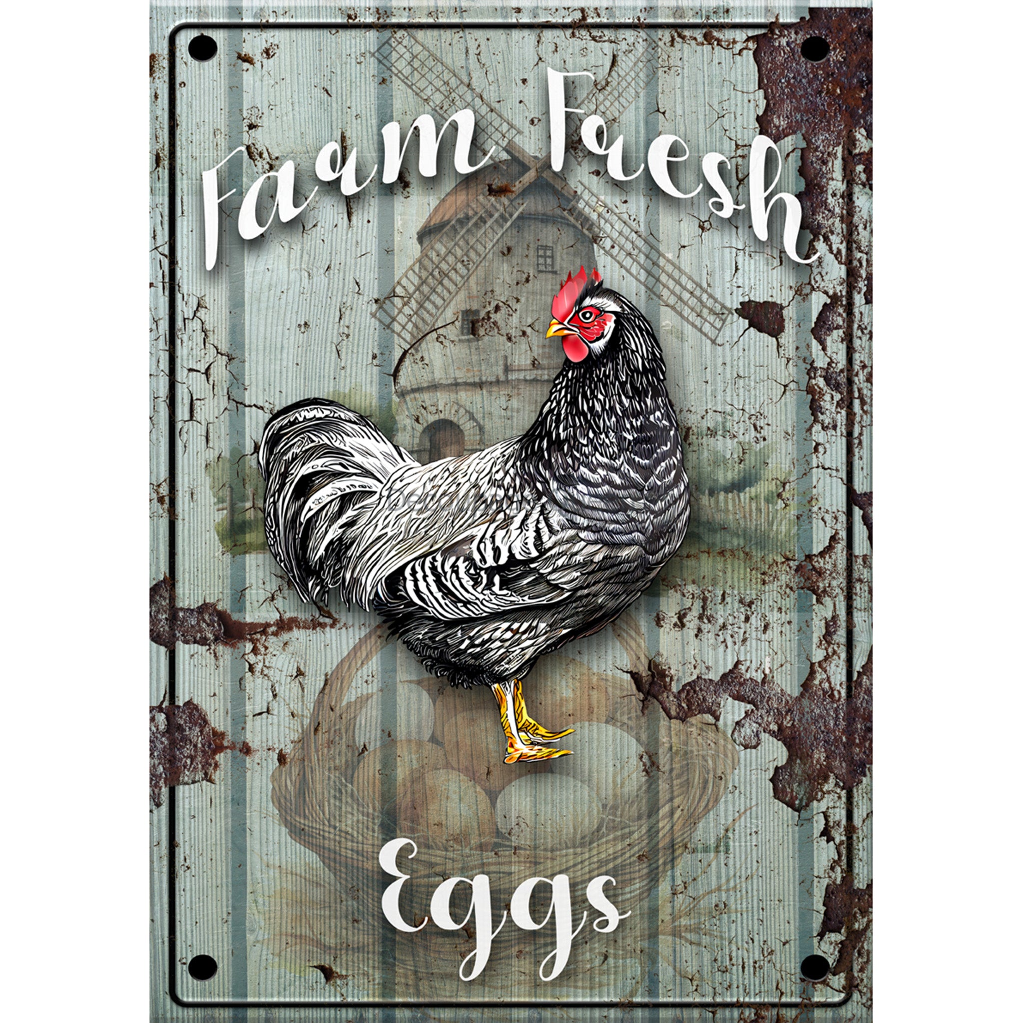 Rice paper design of a rustic sign featuring a mill, chicken, and eggs with the words Farm Fresh Eggs. White borders are on the sides.