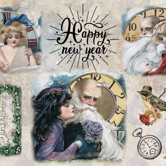 Close-up of a rice paper featuring vintage scenes of Father Time with young women and New Years icons. 
