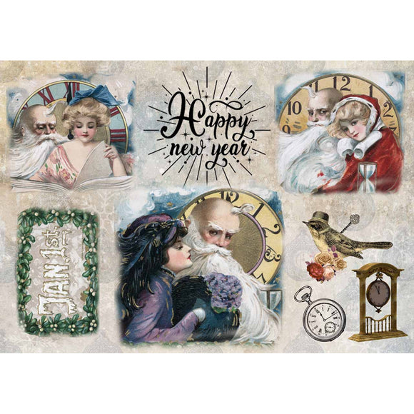 Rice paper featuring vintage scenes of Father Time with young women and New Years icons. 