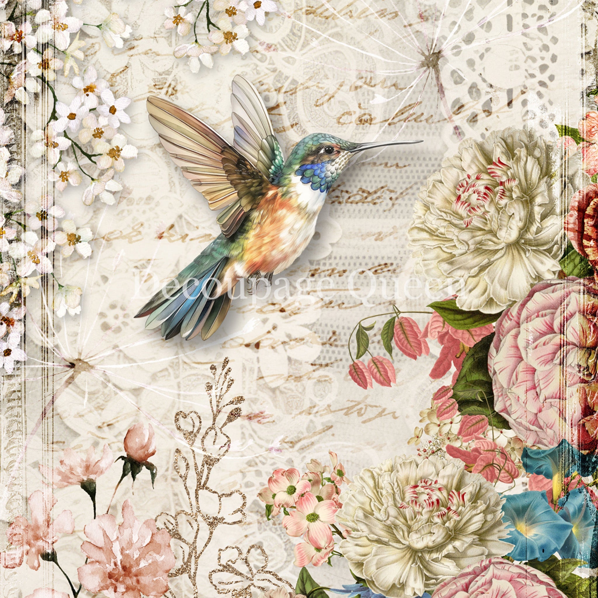 Close-up of a rice paper featuring a beautiful hummingbird in flight, surrounded by pastel flowers and delicate lace details. 