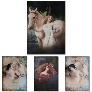Rice paper featuring 4 vintage designs of stunning images of women with horses, overlaid with flowing script. 