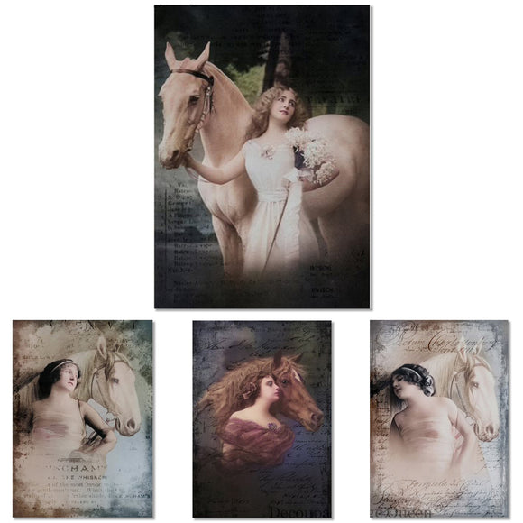 Rice paper featuring 4 vintage designs of stunning images of women with horses, overlaid with flowing script. 