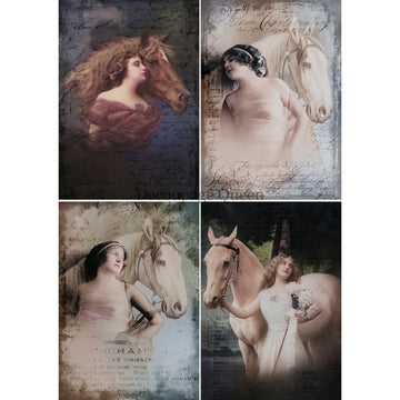Rice paper featuring 4 vintage designs of stunning images of women with horses, overlaid with flowing script. 