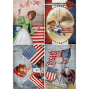 Rice paper featuring 4 vintage 4th of July Independence Day scenes with women and children. White borders are on the sides.