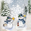 Close-up of a rice paper featuring a snowy winter design with 2 snowmen in front of snow-covered Christmas trees and large snowflakes.