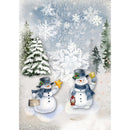 Rice paper featuring a snowy winter design with 2 snowmen in front of snow-covered Christmas trees and large snowflakes.