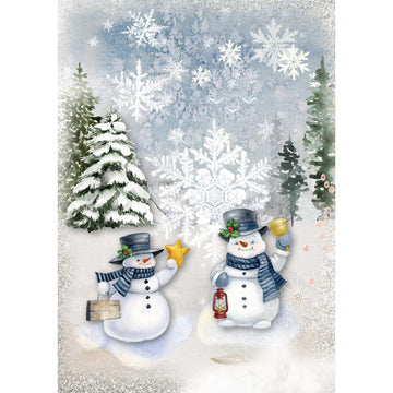 Rice paper featuring a snowy winter design with 2 snowmen in front of snow-covered Christmas trees and large snowflakes.