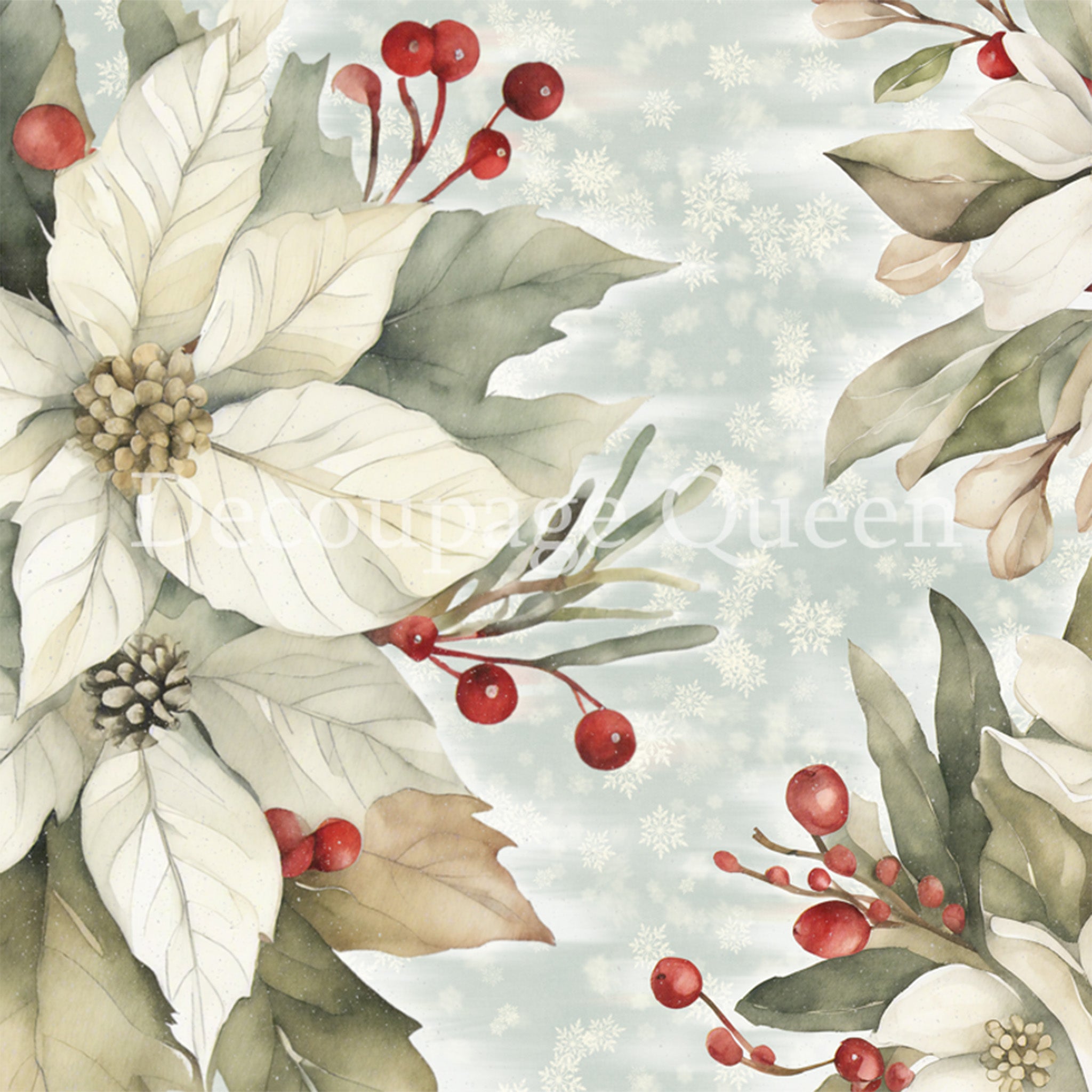 Close-up of a rice paper design featuring creamy white poinsettias and red berries  against a soft blue wintery background with snowflakes.