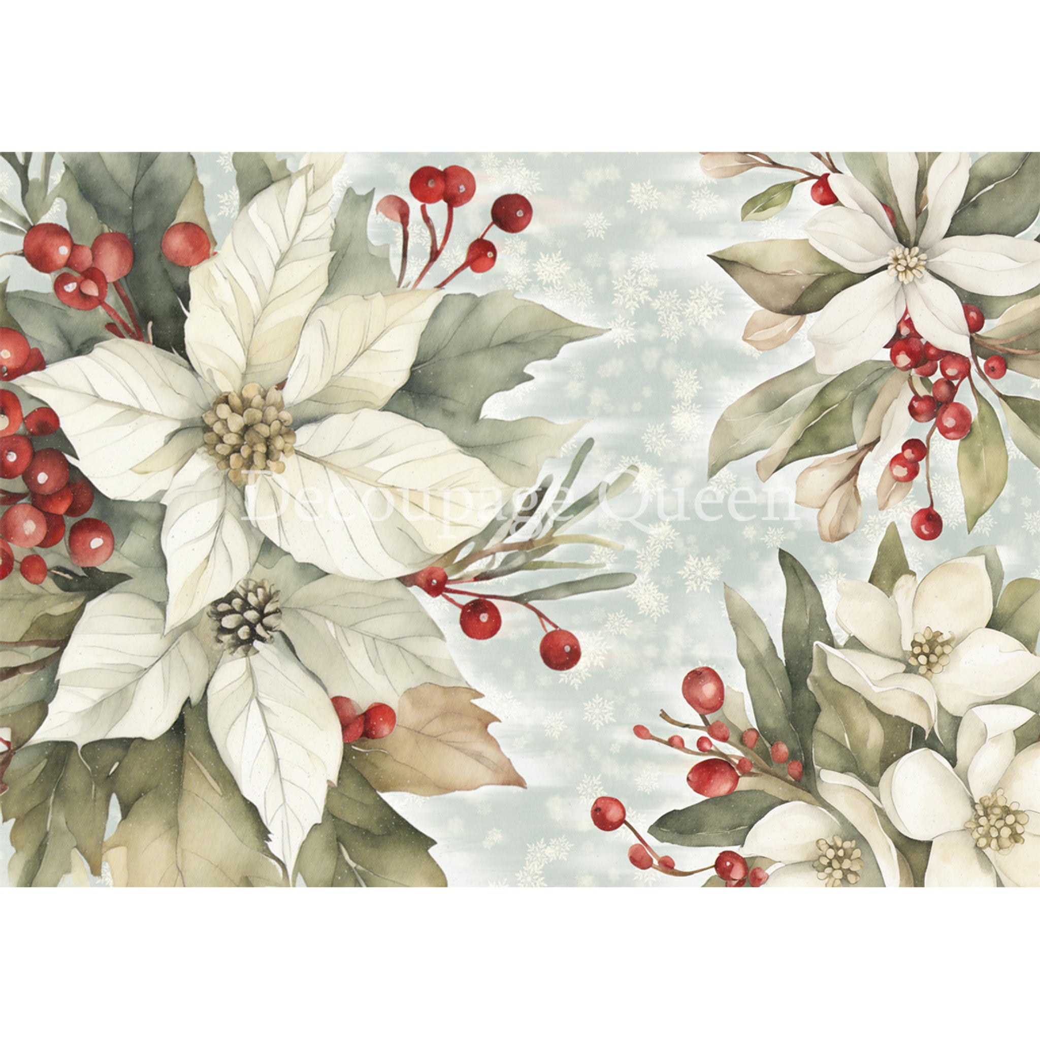 Rice paper design featuring creamy white poinsettias and red berries  against a soft blue wintery background with snowflakes. White borders are on the top and bottom.