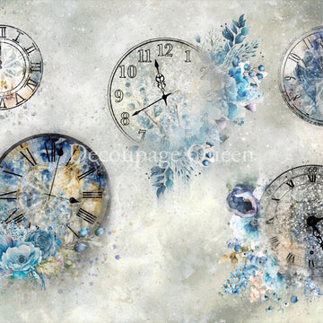 Close-up of a rice paper featuring 6 clocks with delicate blue flowers against a dusty grey background.