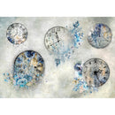 Rice paper featuring 6 clocks with delicate blue flowers against a dusty grey background.
