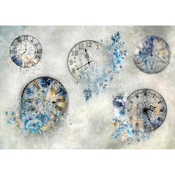Rice paper featuring 6 clocks with delicate blue flowers against a dusty grey background.