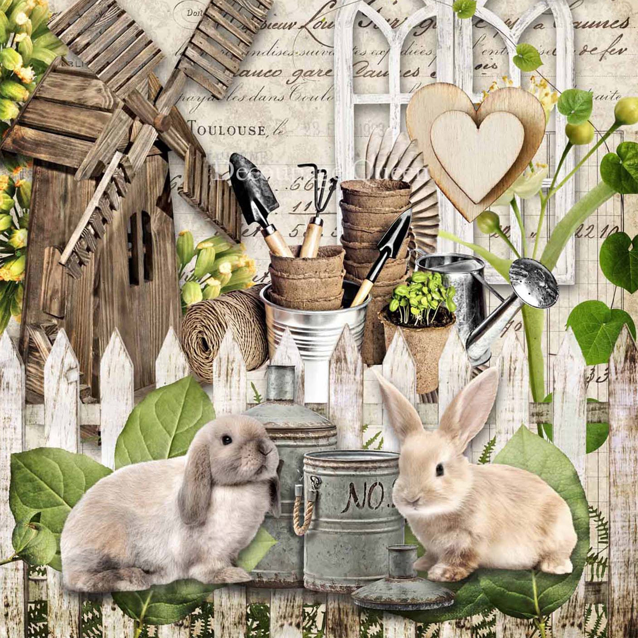 Close-up of a rice paper design that features a collage of bunnies, bird houses, a wood windmill, and other garden accessories against a vintage parchment background.