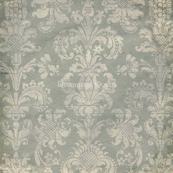 Close-up of a rice paper featuring a beautiful damask print on a unique gray blue background