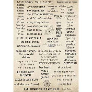 Rice paper featuring charming garden sentiments and quotes. White borders are on the sides