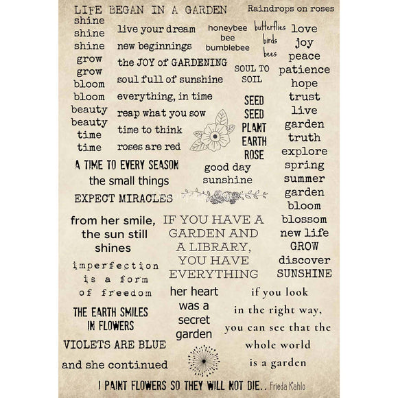 Rice paper featuring charming garden sentiments and quotes. White borders are on the sides