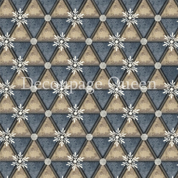 Close-up of a rice paper design featuring a unique geometric design in a cool slate blue and warm tan color palette, accented with delicate snowflakes.