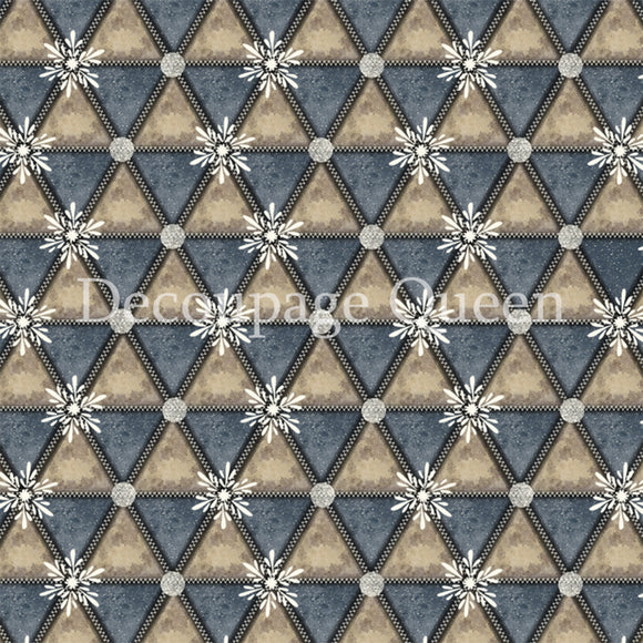Close-up of a rice paper design featuring a unique geometric design in a cool slate blue and warm tan color palette, accented with delicate snowflakes.