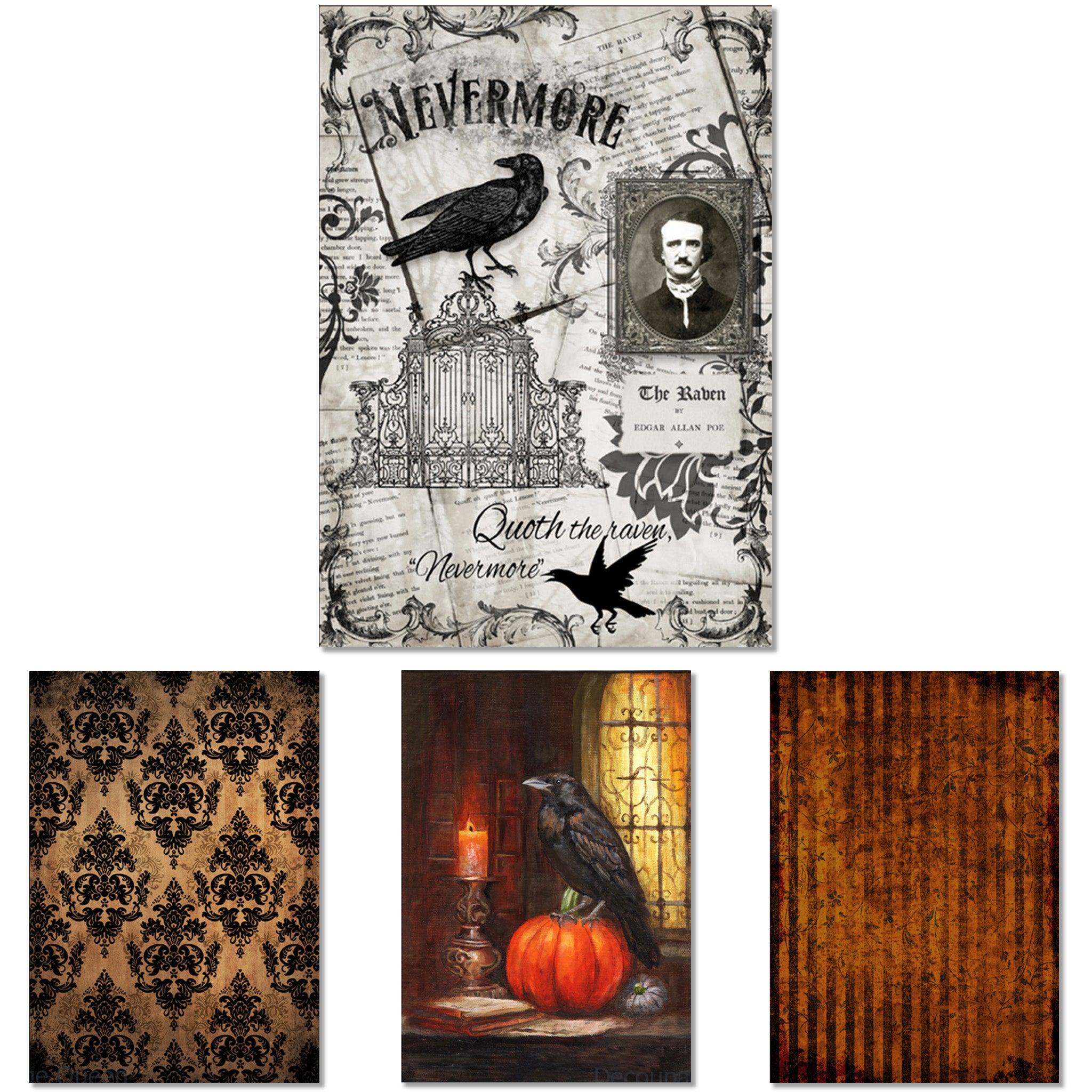 Rice paper designs that features 4 designs, including distressed stripes, gold and black damask, vintage documents with an Edgar Allen Poe theme, and a raven on a pumpkin are against a white background.