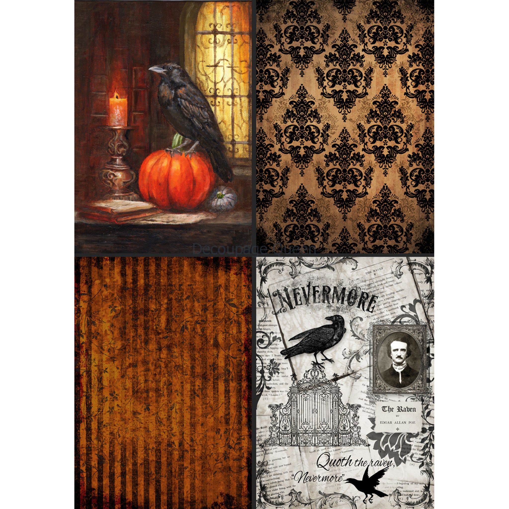 Rice paper design that features 4 designs, including distressed stripes, gold and black damask, vintage documents with an Edgar Allen Poe theme, and a raven on a pumpkin. White borders are on the sides.