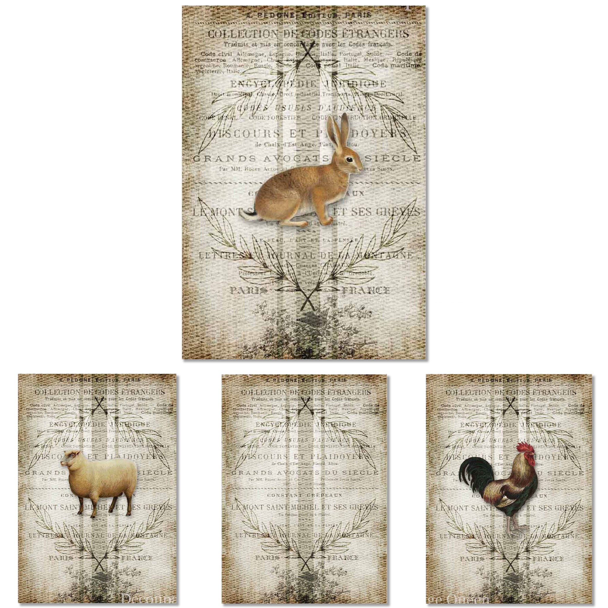 Rice papers against a white background feature 4 charming designs featuring French script and farm animals against a grain sack background.