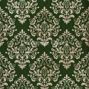 Close-up of a rice paper design that features a vintage white flourish damask pattern against a dark hunter green background.