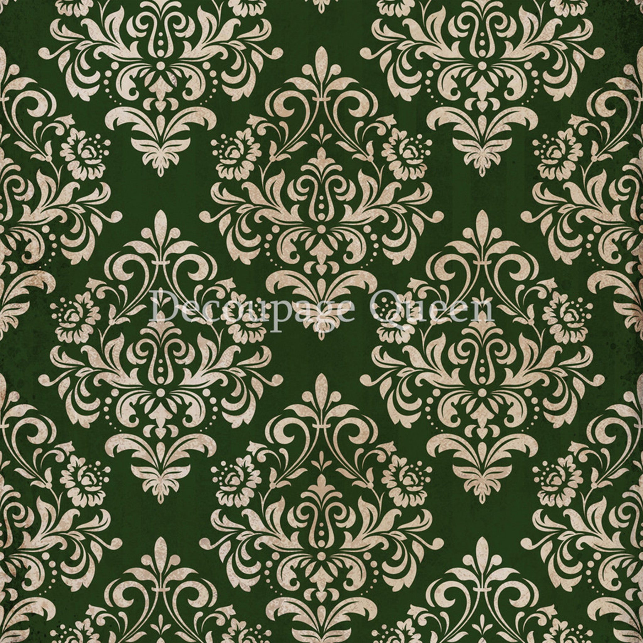 Close-up of a rice paper design that features a vintage white flourish damask pattern against a dark hunter green background.