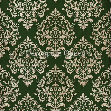 Close-up of a rice paper design that features a vintage white flourish damask pattern against a dark hunter green background.