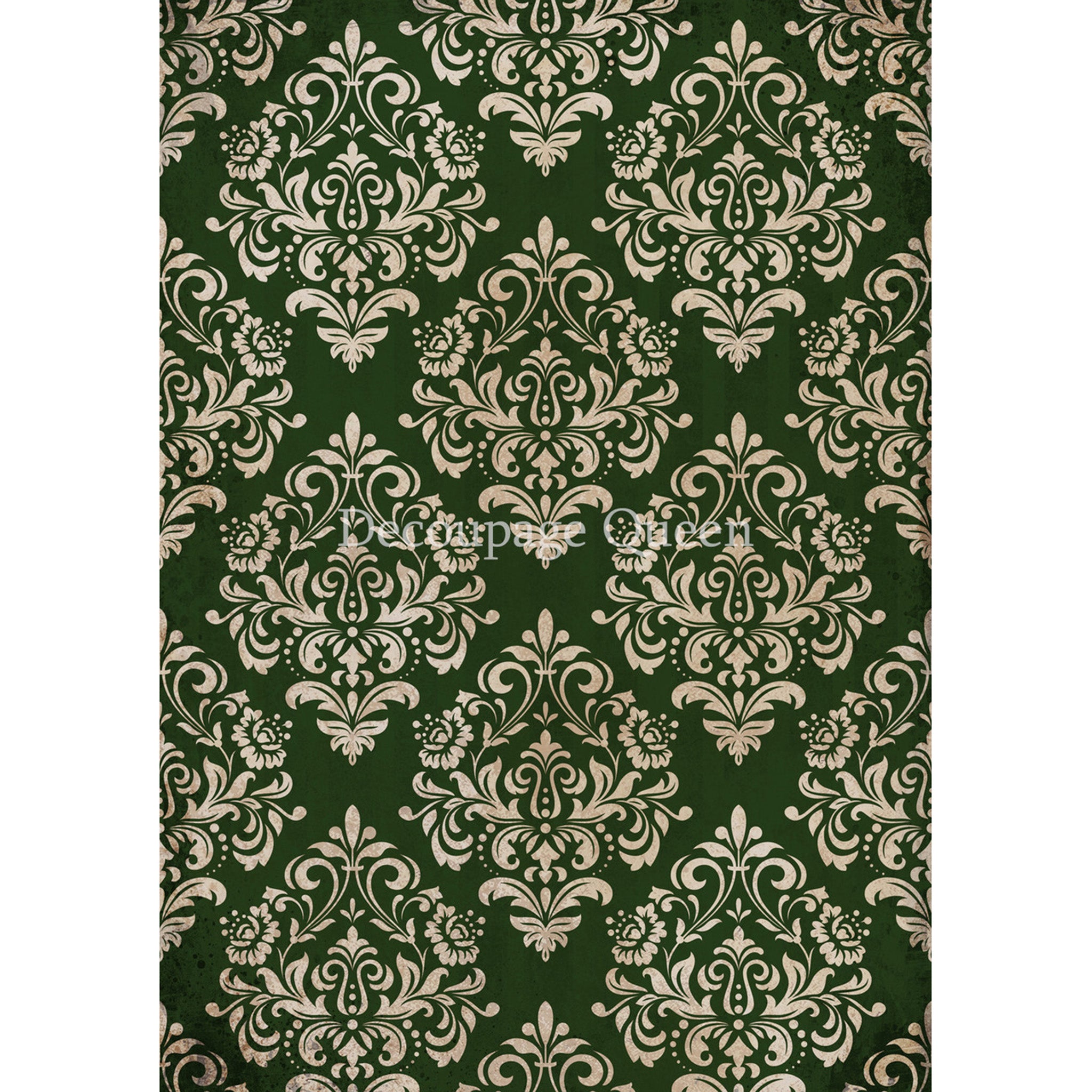 Rice paper design that features a vintage white flourish damask pattern against a dark hunter green background. White borders are on the sides.