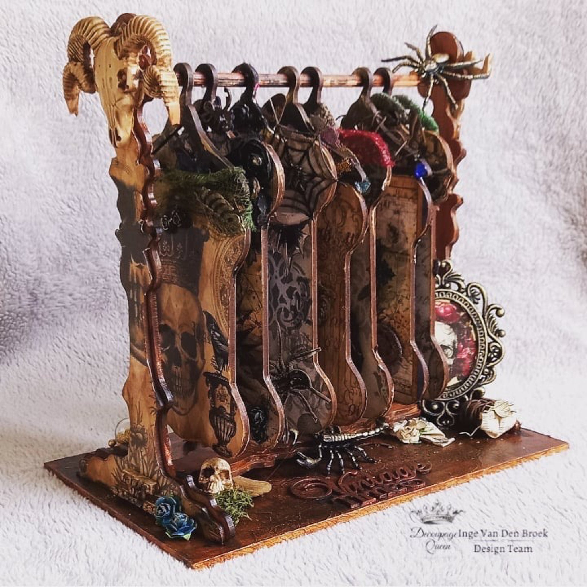 Gothic themed wood craft projects feature Decoupage Queen's Halloween Raven with Skull and Gate rice paper on them.