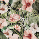 Close-up of a rice paper that features pink hibiscus flowers and luscious tropical greenery against a black background.