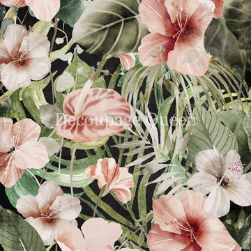 Close-up of a rice paper that features pink hibiscus flowers and luscious tropical greenery against a black background.