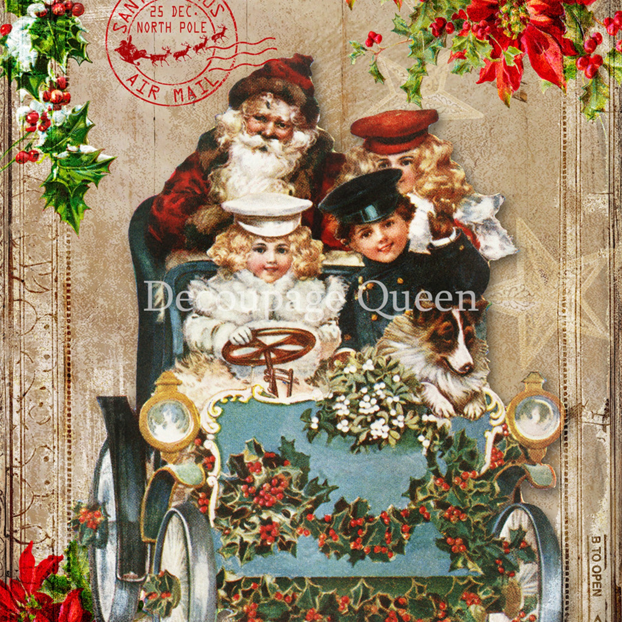 Close-up of a rice paper design that features a vintage scene of Santa in a Ford model T style vehicle with children on a postcard with red poinsettias.