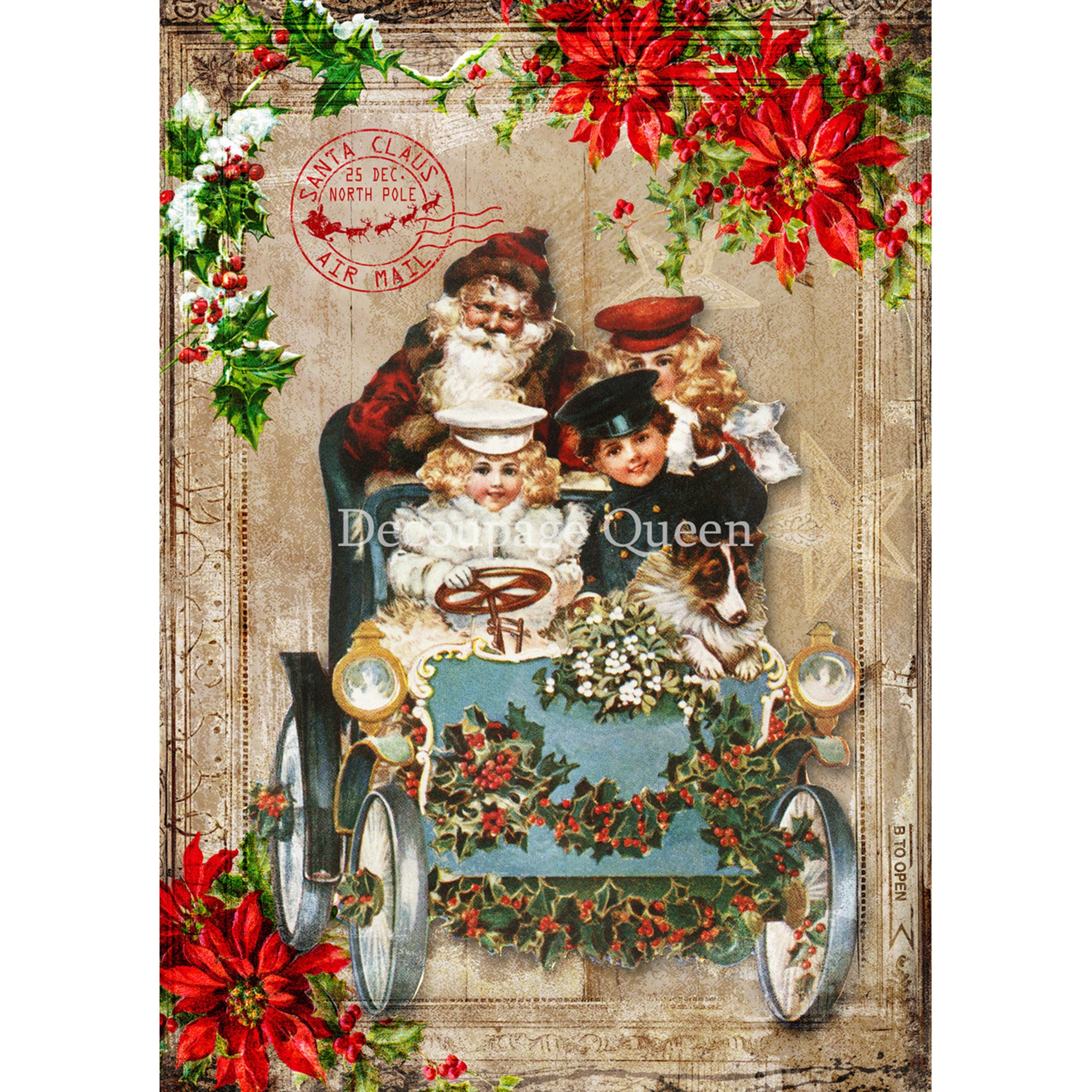 Rice paper design that features a vintage scene of Santa in a Ford model T style vehicle with children on a postcard with red poinsettias. White borders are on the sides.