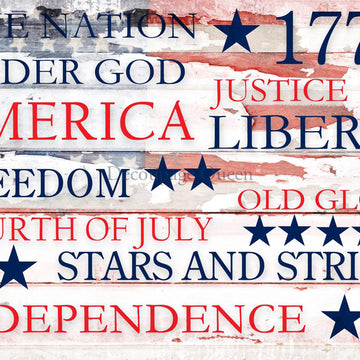 Close-up of a rice paper design featuring patriotic words over a distressed American Flag.
