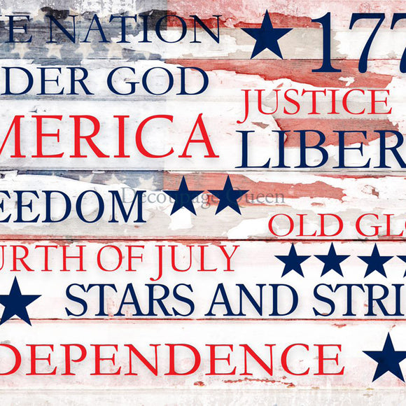 Close-up of a rice paper design featuring patriotic words over a distressed American Flag.