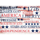 Rice paper design featuring patriotic words over a distressed American Flag. White borders are on the top and bottom.