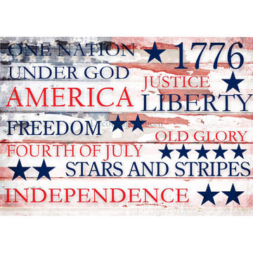 Rice paper design featuring patriotic words over a distressed American Flag. White borders are on the top and bottom.