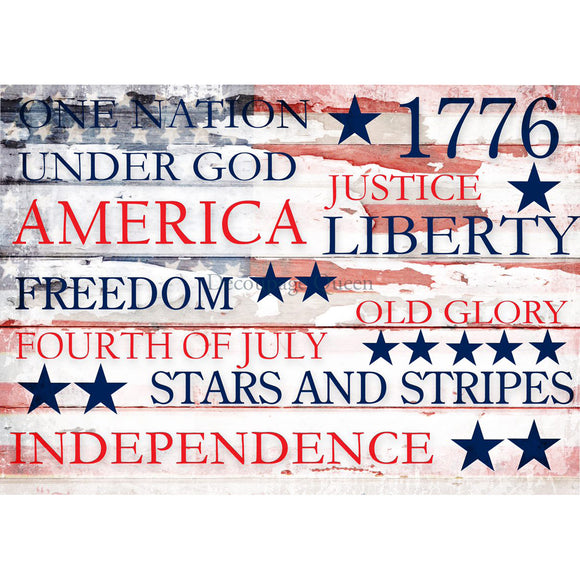 Rice paper design featuring patriotic words over a distressed American Flag. White borders are on the top and bottom.