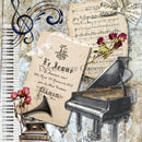 Close-up of a rice paper featuring a collage of sheet music and piano keys, a grand piano, and a Victrola on books.