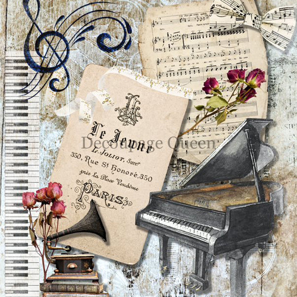 Close-up of a rice paper featuring a collage of sheet music and piano keys, a grand piano, and a Victrola on books.