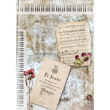 Rice paper featuring vintage sheet music, pink roses, and a piano keys against a distressed background. White borders are on the sides.