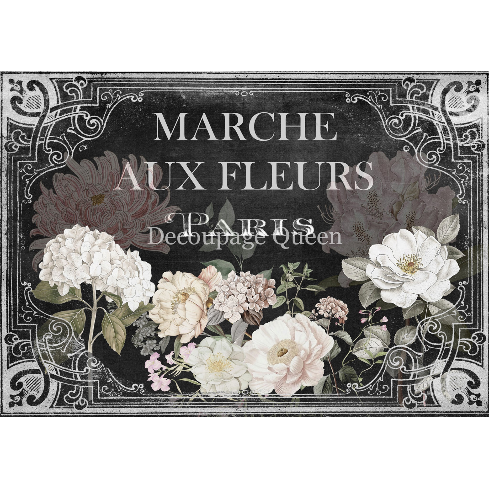 Rice paper that features a striking black background, highlighted by a delicate white sketch border, French block print, and large white flowers. White borders are on the top and bottom.